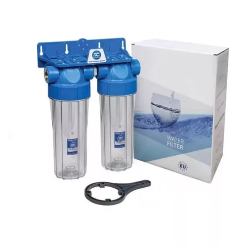 Aquafilter 2 lépcsős 10"-os Szűrőház 3/4" csatlakozással, átlátszó házzal, dupla "O" gyűrűs - réz menetes