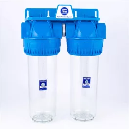   Aquafilter 2 lépcsős 10"-os Szűrőház 1/2" csatlakozással, átlátszó, 3 részes házzal, dupla "O" gyűrűs - réz menetes