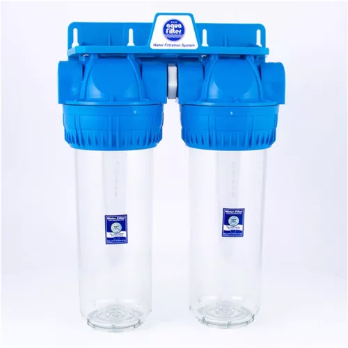 Aquafilter 2 lépcsős 10"-os Szűrőház 1/2" csatlakozással, átlátszó, 3 részes házzal, dupla "O" gyűrűs - réz menetes