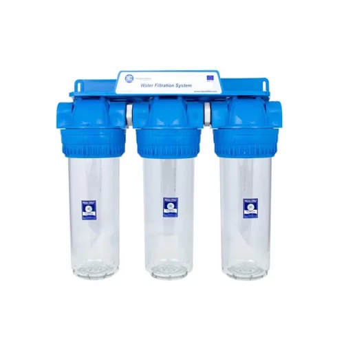 Aquafilter 3 lépcsős 10"-os Szűrőház 1/2" csatlakozással, átlátszó, 3 részes házzal, dupla "O" gyűrűs - réz menetes